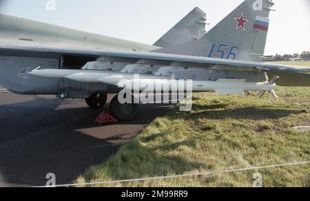 Farnborough 92 - Mikoyan MiG-29M (9-15) 'Blue 156' shown with Vympel NPO R-77 air-to-air missiles on the underwing pylons. Stock Photo