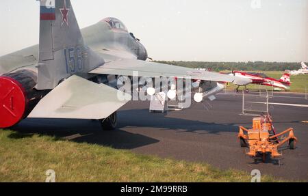 Farnborough 92 - Mikoyan MiG-29M (9-15) 'Blue 156' shown with Vympel NPO R-77 air-to-air missiles on the underwing pylons. Stock Photo