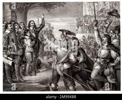 Opening scene of the English Civil War - Charles I raises his standard at Nottingham. Stock Photo