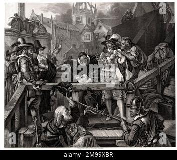 James Graham, 1st Marquess of Montrose, royalist hero, at the place of his execution, the Mercat Cross, Edinburgh, Scotland, 21 May 1650. Stock Photo