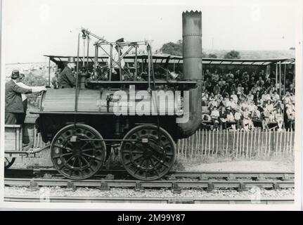 Locomotion was the first locomotive engine built by George Stephenson, 1825.Shown at the Centenary celebrations. Stock Photo