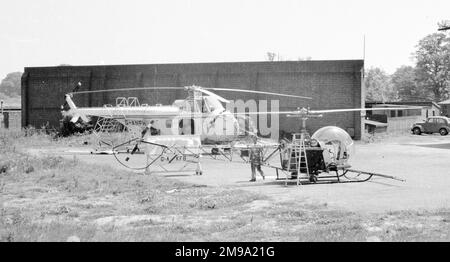 Westland Whirlwind Series 1 G-ANFH (msn WA15) at Gatwick. Built 1953 and delivered from Yeovil to Gatwick on 2 November 1954 for British European Airways. To BEA Helicopters 6 April 1964 ; to Autair Helicopter Services Limited on 3 February 1969 ; to Bristow Helicopters Ltd. 18 April 1969 and withdrawn from use on 2 September 1977. To Helicopter Museum Weston-Super-Mare.Featured in the closing scenes of The Beatles film A Hard Days Night and in You Must Be Joking  in the scene where Denholm Elliot escapes from the maze.             Bell 47B-3 (msn 73) G-AKFN registered to BEA on 11 September Stock Photo