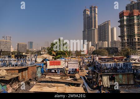 Incredible view of the Dhobi Ghat in Mumbai, the largest open-air laundry in the world. Impressive social contrast with skyline skyscrapers. Stock Photo