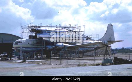 Pregnant Guppy N1024V under construction with On Mark Engineering at LAX - March 1962. the conversion was carried out in stages, First a portion of BOAC Stratocruiser was inserted in the rear fuselage and then the large outer shell of the cargo compartment was added to the standard B337 fuselage, for aerodynamic and structural trials. After the aircraft flew successfully and was demonstrated to Wernher von Braun, sufficient interest was generated to complete the conversion by cutting away the standard fuselage inside the large shell. - (photographer - AR Krieger) Stock Photo