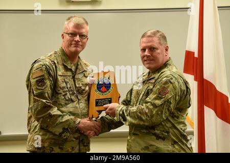 Senior Master Sgt. Richard Bailey, 117th Air Refueling Wing, Emergency Manager, retires after 36 years of service at Sumpter Smith Joint National Guard Base, Ala. May 15, 2022. Bailey started his career in Communications and for the past 14 years served as the Emergency Manager for the Civil Engineering squadron. He was instramental in responding to multiple man-made and natural disaster relief efforts, including the recent COVID-19 pandemic. Stock Photo