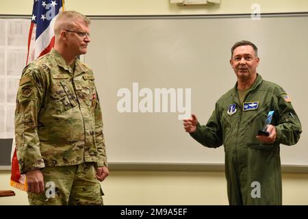 Senior Master Sgt. Richard Bailey, 117th Air Refueling Wing, Emergency Manager, retires after 36 years of service at Sumpter Smith Joint National Guard Base, Ala. May 15, 2022. Bailey started his career in Communications and for the past 14 years served as the Emergency Manager for the Civil Engineering squadron. He was instramental in responding to multiple man-made and natural disaster relief efforts, including the recent COVID-19 pandemic. Stock Photo