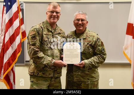 Senior Master Sgt. Richard Bailey, 117th Air Refueling Wing, Emergency Manager, retires after 36 years of service at Sumpter Smith Joint National Guard Base, Ala. May 15, 2022. Bailey started his career in Communications and for the past 14 years served as the Emergency Manager for the Civil Engineering squadron. He was instramental in responding to multiple man-made and natural disaster relief efforts, including the recent COVID-19 pandemic. Stock Photo