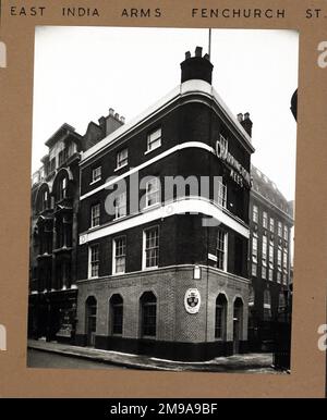 Photograph of East India Arms, Fenchurch Street, London. The main side of the print (shown here) depicts: Corner on view of the pub.  The back of the print (available on request) details: Nothing for the East India Arms, Fenchurch Street, London EC3M 4BR. As of July 2018 . Shepherd Neame pub Stock Photo