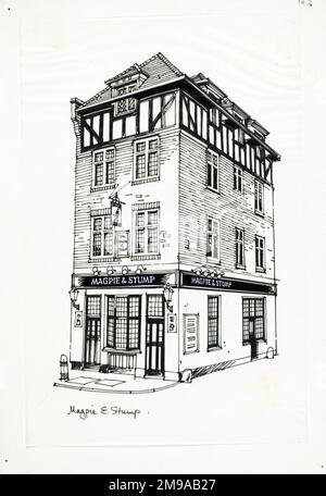 Sketch of  Magpie & Stump PH, Old Bailey, London. The main side of the print (shown here) depicts: Sketch of the pub.  The back of the print (available on request) details: Nothing for the Magpie & Stump, Old Bailey, London EC4M 7EP. As of July 2018 . Enterprise Inns Stock Photo