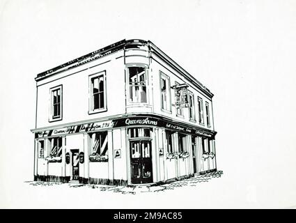 Sketch of  Queens Arms, Kensington, London. The main side of the print (shown here) depicts: Sketch of the pub.  The back of the print (available on request) details: Nothing for the Queens Arms, Kensington, London SW7 5QL. As of July 2018 . Castle (Mitchells & Butlers) Stock Photo