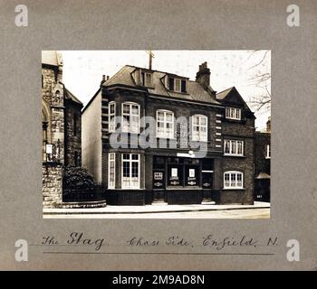 Photograph of Stag PH, Enfield, Greater London. The main side of the print (shown here) depicts: Left Face on view of the pub.  The back of the print (available on request) details: Nothing for the Stag, Enfield, Greater London EN2 6PH. As of July 2018 . Punch Taverns Stock Photo