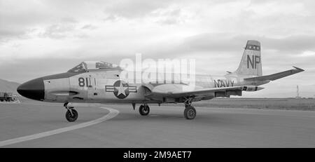 United States Navy - McDonnell F2H-3 Banshee 127511 ( base code NP, call-sign 81), of VC-3. The wing-tips show the mounting-pylon for thw 200 US gallon wing-tip drop tanks.  1955: VC-3 as NP 106. Stock Photo