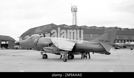 Fleet Air Arm - British Aerospace Sea Harrier FRS.1 XZ491, call sign '711', of 899 Naval Air Squadron, embarked on HMS Invincible (base code 'N'), at RAF Leuchars on 17 September 1983 Stock Photo