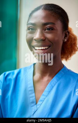 Portrait Of Smiling Female Nurse Or Doctor Wearing Scrubs Through Window Stock Photo