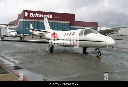 Cessna 501 Citation-I/SP OE-FFK (msn 501-0124), of Aero Technik GmbH., at Luton Airport sometime between May 1987-October 1988. Written off in a mid-air collision, shortly after take-off, with Cessna F.172F Skyhawk OE-DLC on 26 October 1988, near Salzburg, Austria, killing all four occupants of both aircraft. Stock Photo