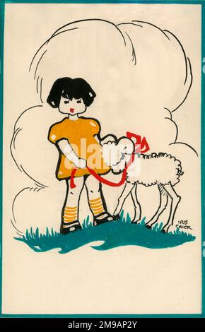 Original Artwork - Easter postcard design for children - A little girl in a yellow dress leading her young lamb with a bright red ribbon.  (5 of 6) Stock Photo