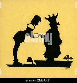 Original Artwork - Cut-out silhouette illustration for an original book by Iris Chick called The Gummys - Mr Gummy shaking hands with and bowing to the King. Stock Photo