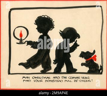 Original Artwork - two young children going to bed on Christmas Eve, the older boy holding a candle to light the way. The little girl is telling her puppy that it is bedtime too! Stock Photo