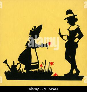 Original Artwork - Cut-out silhouette illustration for an original book by Iris Chick called The Gummys - girl offering a flower to Mr Gummy. Stock Photo