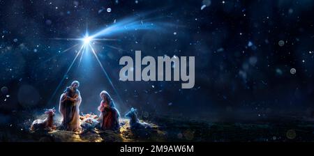 Nativity Of Jesus With Comet Star - Scene With The Holy Family In Snowy Night And Starry Sky - Abstract Defocused Background Stock Photo