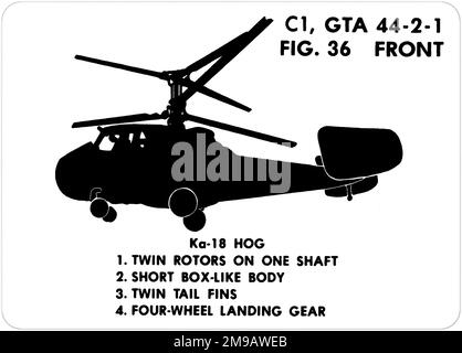 Kamov Ka-18 (NATO codename: Hog). This is one of the series of Graphics Training Aids (GTA) used by the United States Army to train their personnel to recognize friendly and hostile aircraft. This particular set, GTA 44-2-1, was issued in July1977. The set features aircraft from: Canada, Italy, United Kingdom, United States, and the USSR. Stock Photo