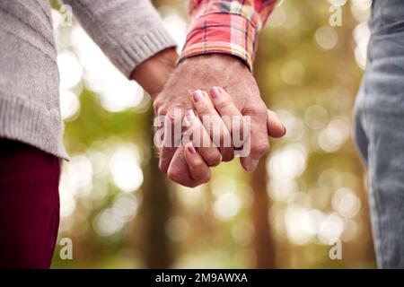 Close Up Of Loving Retired Senior Couple Holding Hands On Walk In Woodland Countryside Together Stock Photo
