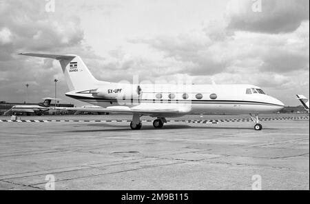 Grumman G-1159 Gulfstream II 5X-UPF (msn 133), of the Government of Uganda-Uganda Presidential Flight, at London Heathrow Airport. Stock Photo