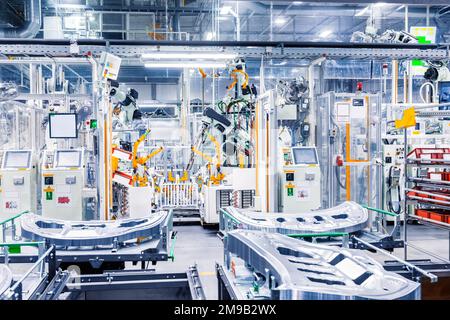 robots in a car plant Stock Photo