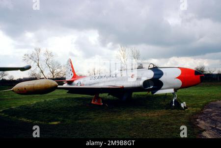 Lockheed T-33A-1-LO 55-4433 (msn 580-9878), in the livery of the Thunderbirds aerobatic team, at Norfolk and Suffolk Aviation Museum, Flixton, Suffolk, UK., on loan from National Museum of the USAF. Stock Photo