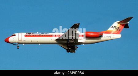 Fokker 100 IALPQ (msn 11256), of AlpiEagles, on approach to Athens International Airport. Stock Photo