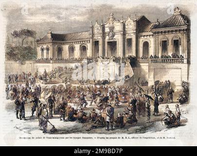 The British High Commissioner to China, Lord Elgin, ordering the destruction of the Summer Palace in Beijing (Peking), which was then carried out by French and British troops during the Second Opium War on 6th October 1860.. Stock Photo