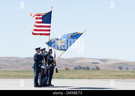 U.S. Air Force Honor Guard Airmen present the colors during Wings Over Solano at Travis Air Force Base, California, May 15, 2022. The Wings Over Solano open house and air show provided an opportunity for the local community to interact directly with the base and its Airmen and see capabilities on full display at Travis AFB. Stock Photo