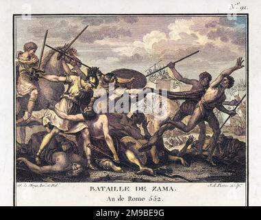 SECOND PUNIC WAR : the Roman general and statesman Publius Cornelius Scipio Africanus defeats the Carthaginian leader Hannibal at the Battle of Zama, near Carthage in North Africa, which was the final battle of the Second Punic War. Stock Photo