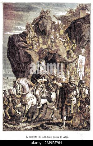 SECOND PUNIC WAR : Hannibal, the Carthaginian leader, descending into Italy after crossing the Alps with his army, including war elephants. It was a long journey, starting in Iberia, and crossing the Pyrenees and the Alps into northern Italy. Stock Photo