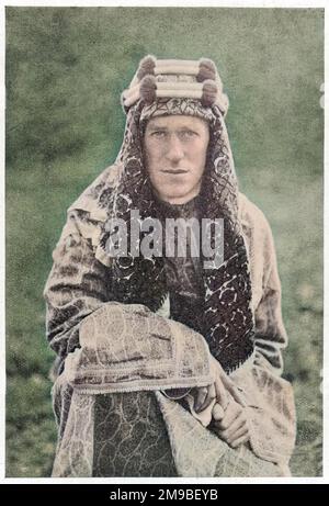 British archaeologist, soldier, intelligence officer and writer, Thomas Edward Lawrence (1888-1935), known as Lawrence of Arabia, in traditional Arab costume. Stock Photo