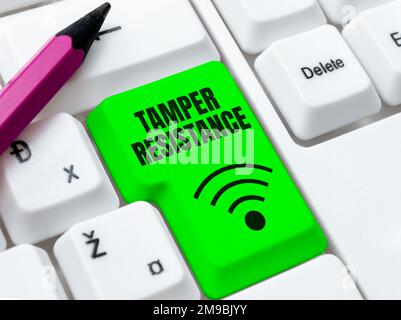 Hand writing sign Tamper Resistance. Word for resilent to physical harm, threats, intimidation, or corrupt persuasion Stock Photo