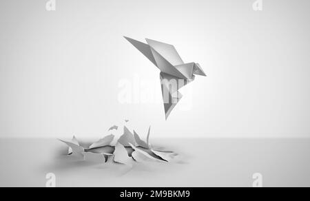Out Of Nowhere concept of birth or rebirth as an origami bird emerging from a flat paper from scratch as a symbol of creativity and metamorphosis Stock Photo