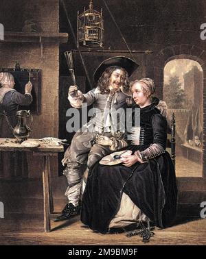 GABRIEL METSU Dutch artist and his wife who is wondering how he'll behave when he's finished the glass... Stock Photo