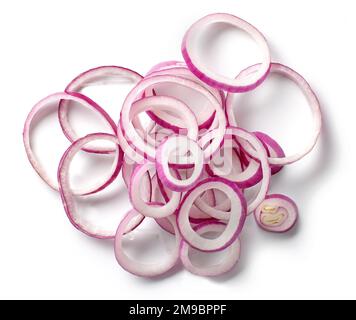 heap of sliced red onion rings isolated on white background, top view Stock Photo