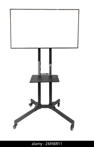A big flat-screen TV on a tall rolling stand, isolated on white with copy space.  The screen of the TV is blank white so you can drop in your image or Stock Photo