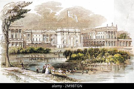 Engraving showing the exterior of Buckingham Palace, London, viewed from St. James's Park, 1842.   This side of Buckingham Palace was re-modelled in the late 1840's to provide more accommodation. Stock Photo