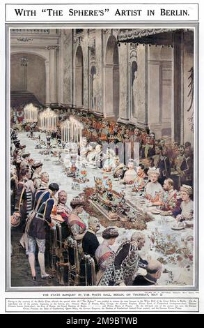 A state banquet held in the White Hall of the Great Schloss in Berlin to celebrate the forthcoming marriage of the Kaiser's only daughter, Princess Viktoria Luise of Prussia, to Prince Ernest Augustus of Brunswick- Luneburg, son of the Duke and Duchess of Cumberland. On the left hand side of the table, Queen Mary sits next to Kaiser Wilhelm II, close to a lavish table decoration, and opposite King George V chats to the Kaiser's wife, Empress Augusta Victoria. Stock Photo