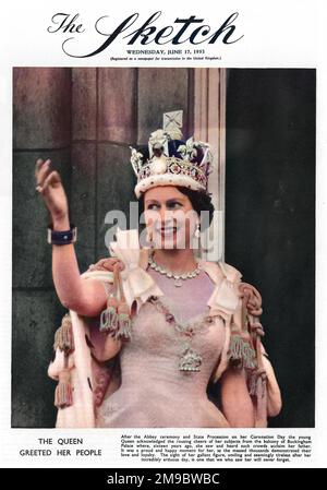 Queen Elizabeth II wearing the Imperial State Crown, waves to crowds from the balcony of the Buckingham Palace following her Coronation at Westminster Abbey on 2nd June 1953. Stock Photo