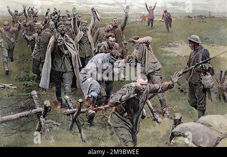 Surrendered German being marshalled by British soldiers following the defeat of their counter-attack at Trones Wood.  The incident depicted took place near an advanced trench in the British line.  The trench had been badly battered and many casualties had been caused when the German made their final attack.  The first wave got through the British barrage and were held up by two Lewis guns which had survived the bombardment and by rapid rifle fire, characteristic of British infantry.  The second wave did not advance any further, having been broken down by the British barrage which included sh Stock Photo