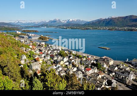 View of Alesund from Fjellstua, Mt. Aksla Mountain Top, Alesund, Norway, More og Romsdal, Scandinavia, European - 10th of July 2012 Stock Photo