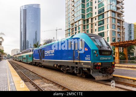 San Diego, United States - November 7, 2022: Coaster commuter rail train at Santa Fe railway station in San Diego, United States. Stock Photo