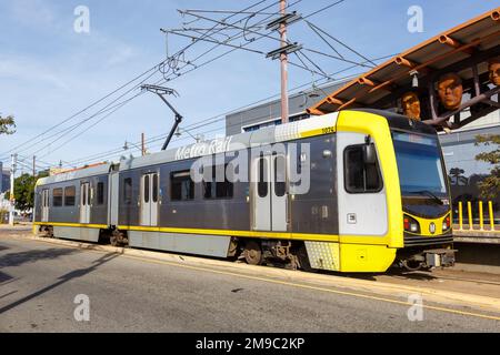 Los Angeles, United States - November 4, 2022: Metro Rail Gold Line light rail train public transport at Pico Aliso stop in Los Angeles, United States Stock Photo