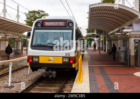 Dallas, United States - November 11, 2022: Dallas Area Rapid Transit DART light rail tram public transport transit at Union Station in Dallas, United Stock Photo