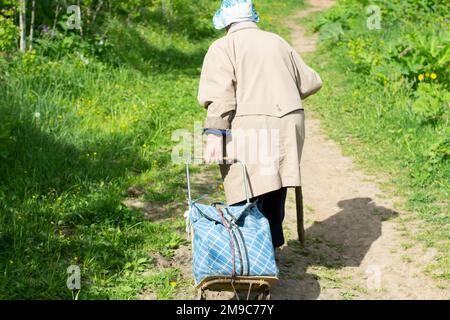 Old woman with cart. Retired in Russia. Old woman walks through forest. Grandmother carries things by hand. Stock Photo