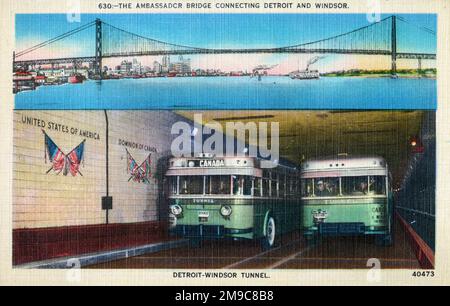 (top) The Ambassador Bridge, at the time the World's longest international suspension bridge at 9609 ft in length (bottom) Tunnel Buses in the Detroit-Windsor Tunnel, Windsor, Ontario, Canada. Stock Photo